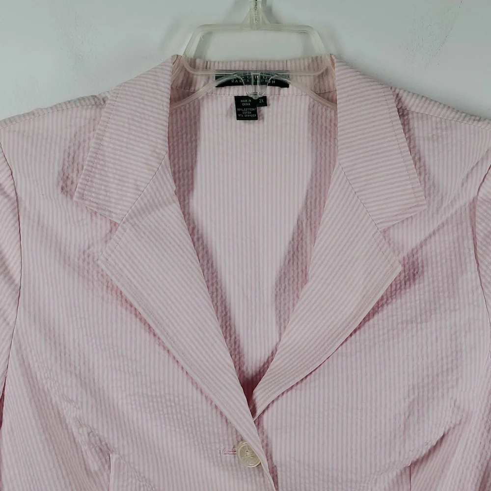 Lauren Ralph Lauren Pink White Seersucker Blazer 2X - Picture 3 of 11